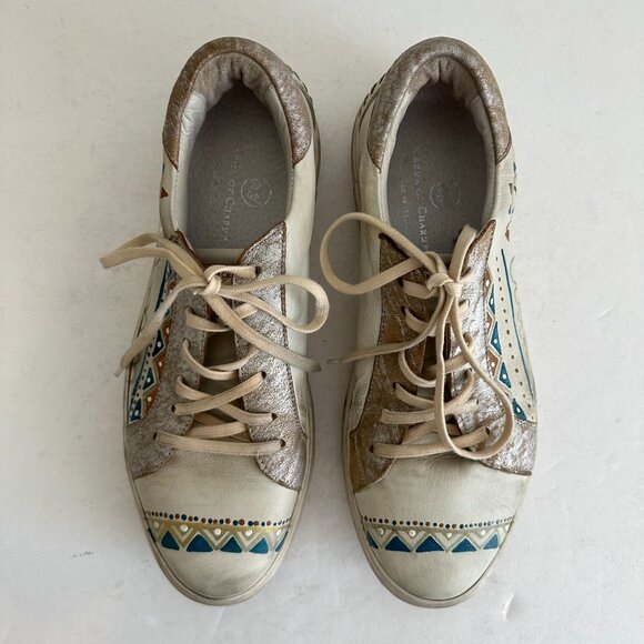 Karma of Charme Painted Leather Low Top Sneakers Size 41 US 10.5 Gray Boho Artsy - Picture 3 of 11